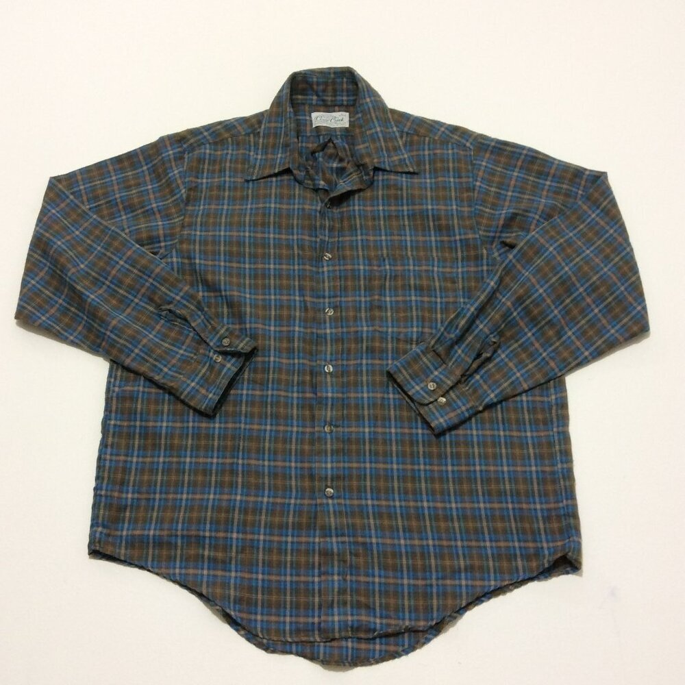 Vintage Cove Creek Mens Shirt Size Large Brown Blue Plaid Button Up Long Sleeve